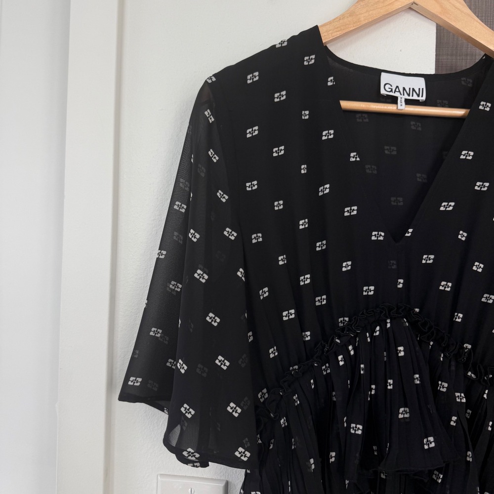 GANNI Black Pleated Georgette V Neck‎ Flounce Mini Dress Short Sleeve EU38 US6 - Picture 7 of 16
